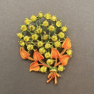 Vintage Mamselle Flower Bouquet Brooch Green Rhinestones Copper Tone Leaves 2"